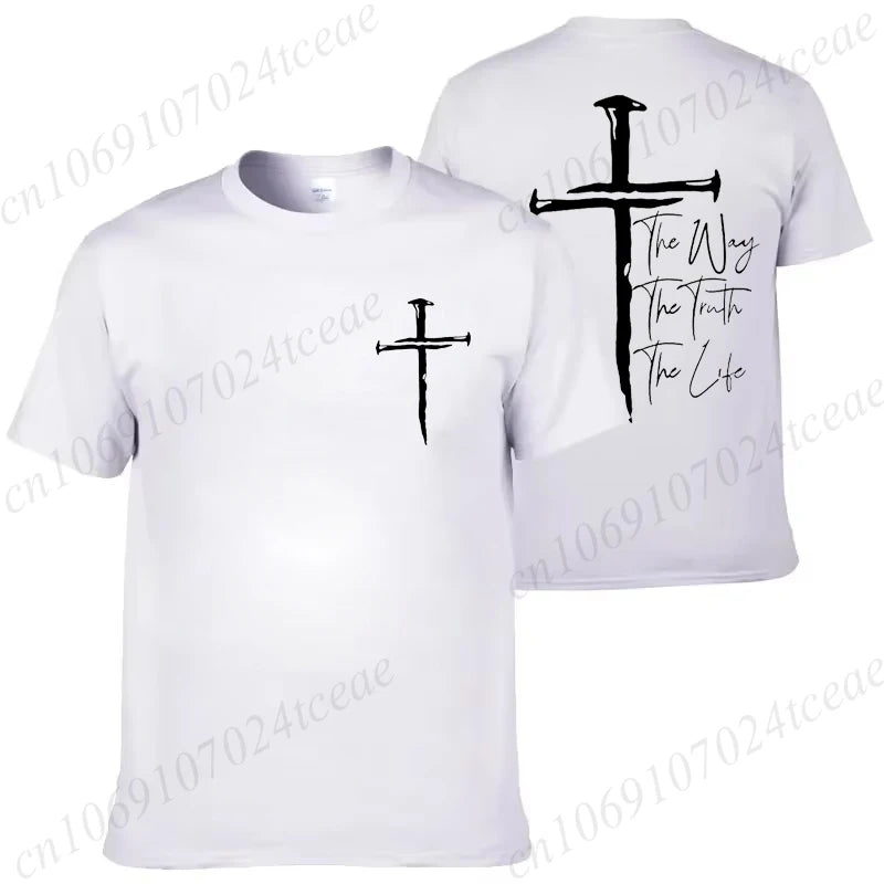 White t-shirt with black cross design and text on front and back