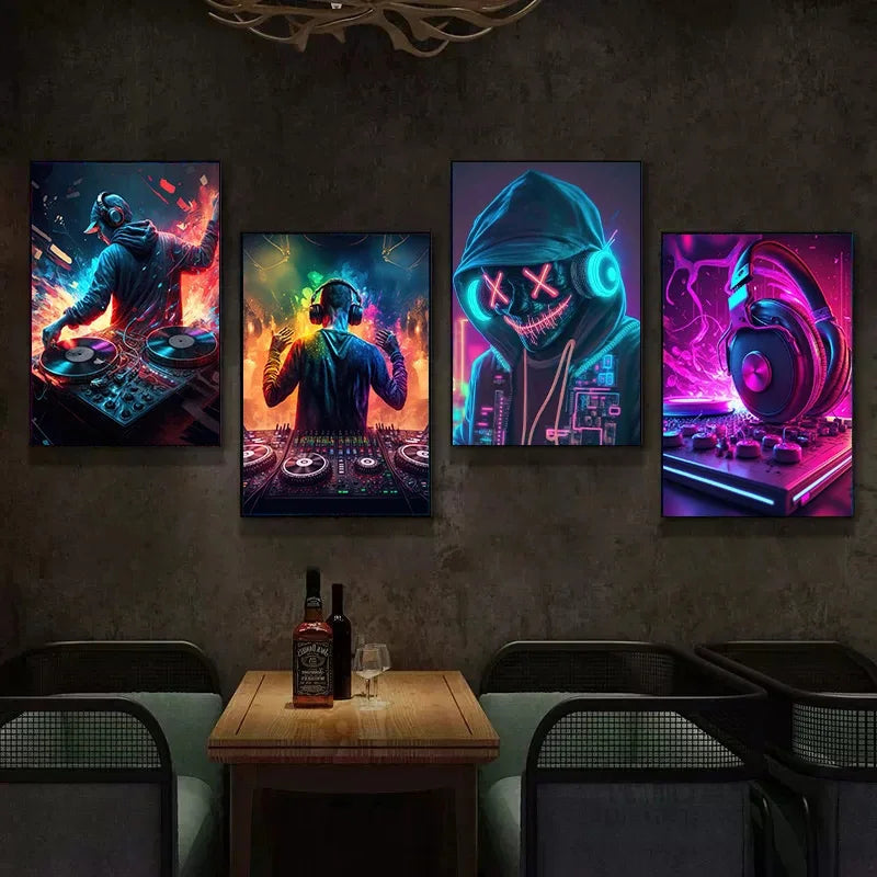 Four colorful posters of DJs on a wall above a table with drinks.