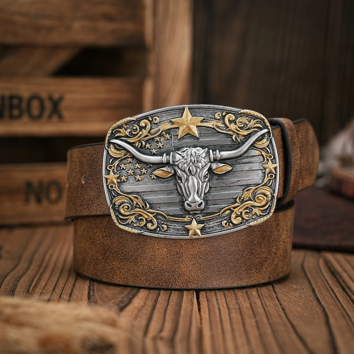 Unisex Western Style PU Leather Belt with Vintage Bull Head Buckle