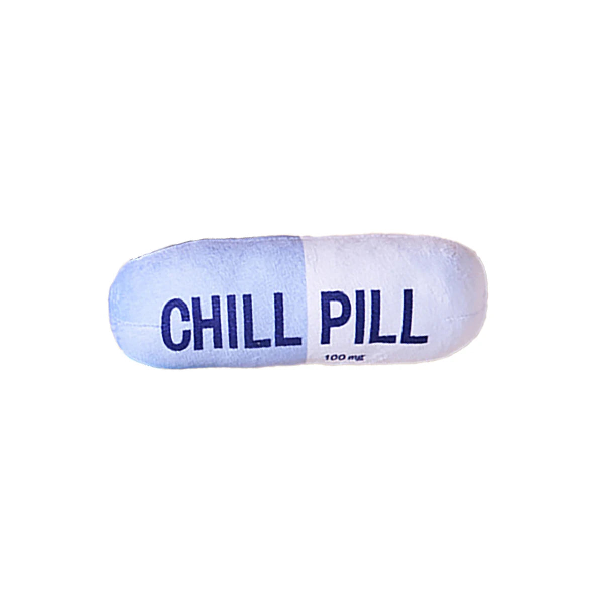 Cylindrical pillow with 'CHILL PILL' text on a white background
