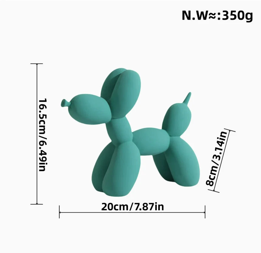 Teal balloon dog toy with measurements on a white background