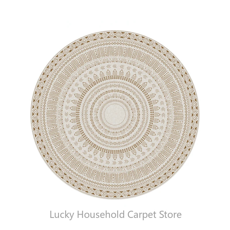 Round decorative carpet with intricate patterns on a white background, branded 'Lucky Household Carpet Store'.