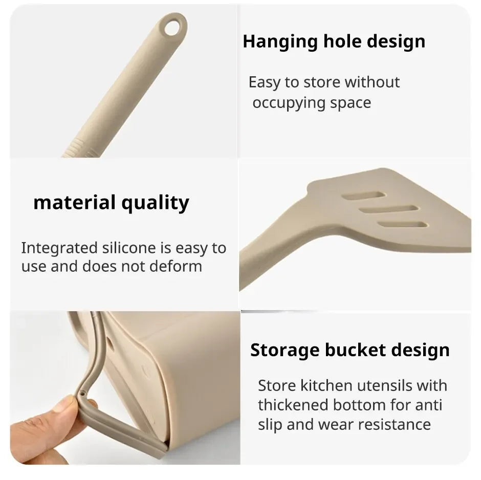 Beige kitchen spatula with features highlighted on a white background