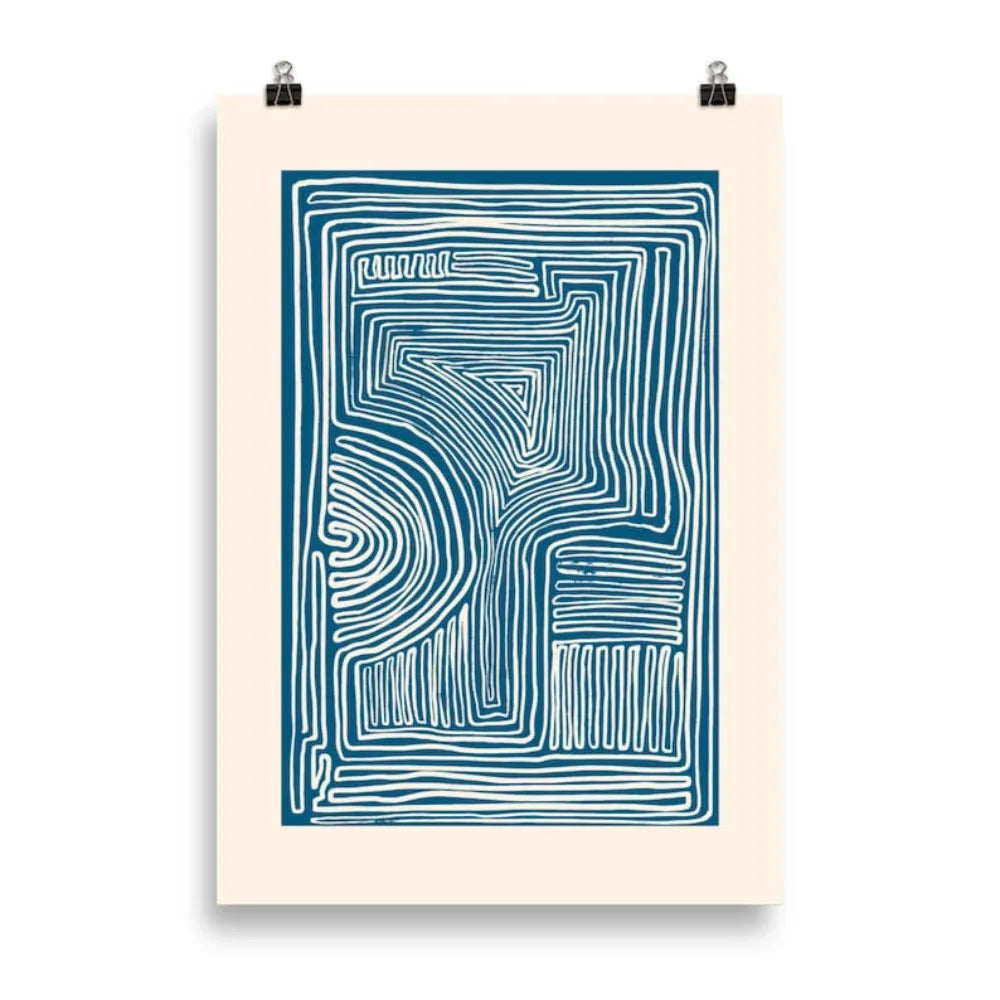 Abstract art print with blue and white lines on a beige background
