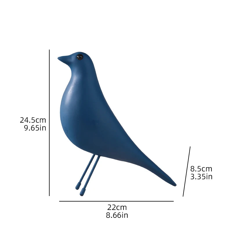 Blue bird-shaped object with dimensions indicated on a white background