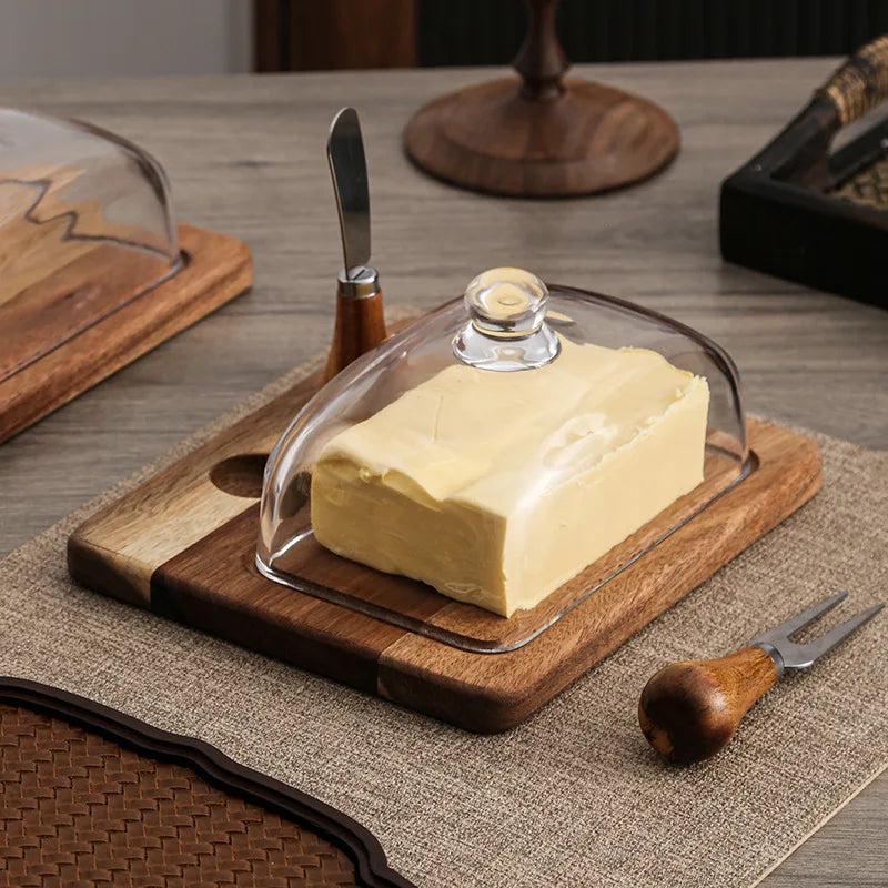 Acacia wood butter dish with clear glass dome and serving knife