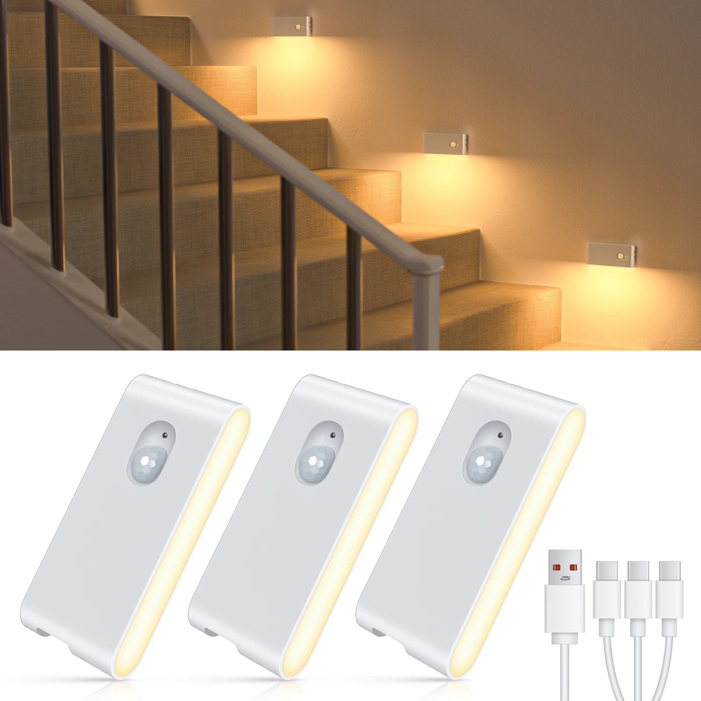 Three motion sensor lights on a white background with USB charging cable.