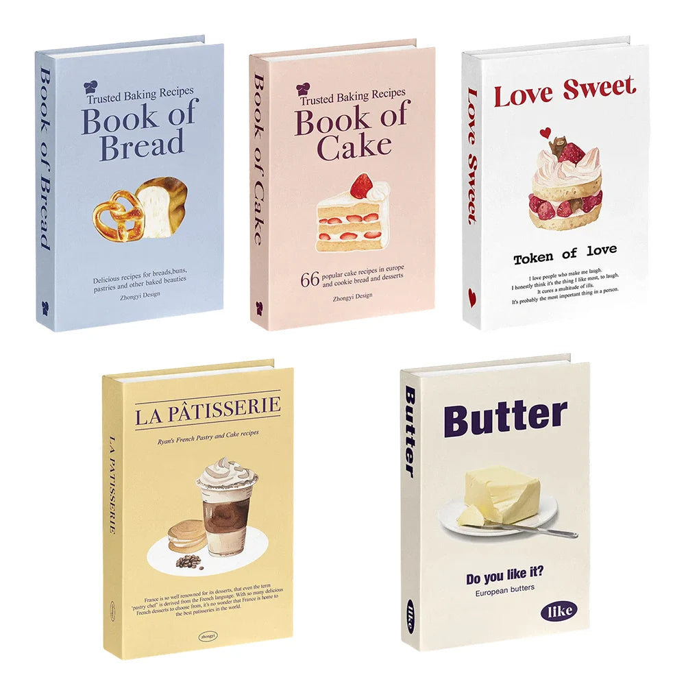 Five decorative books on a white background