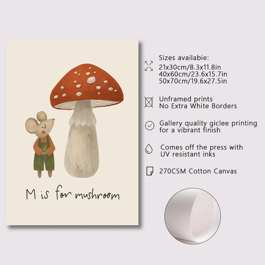 Canvas print with a mushroom and mouse illustration and product details on a light gray background.