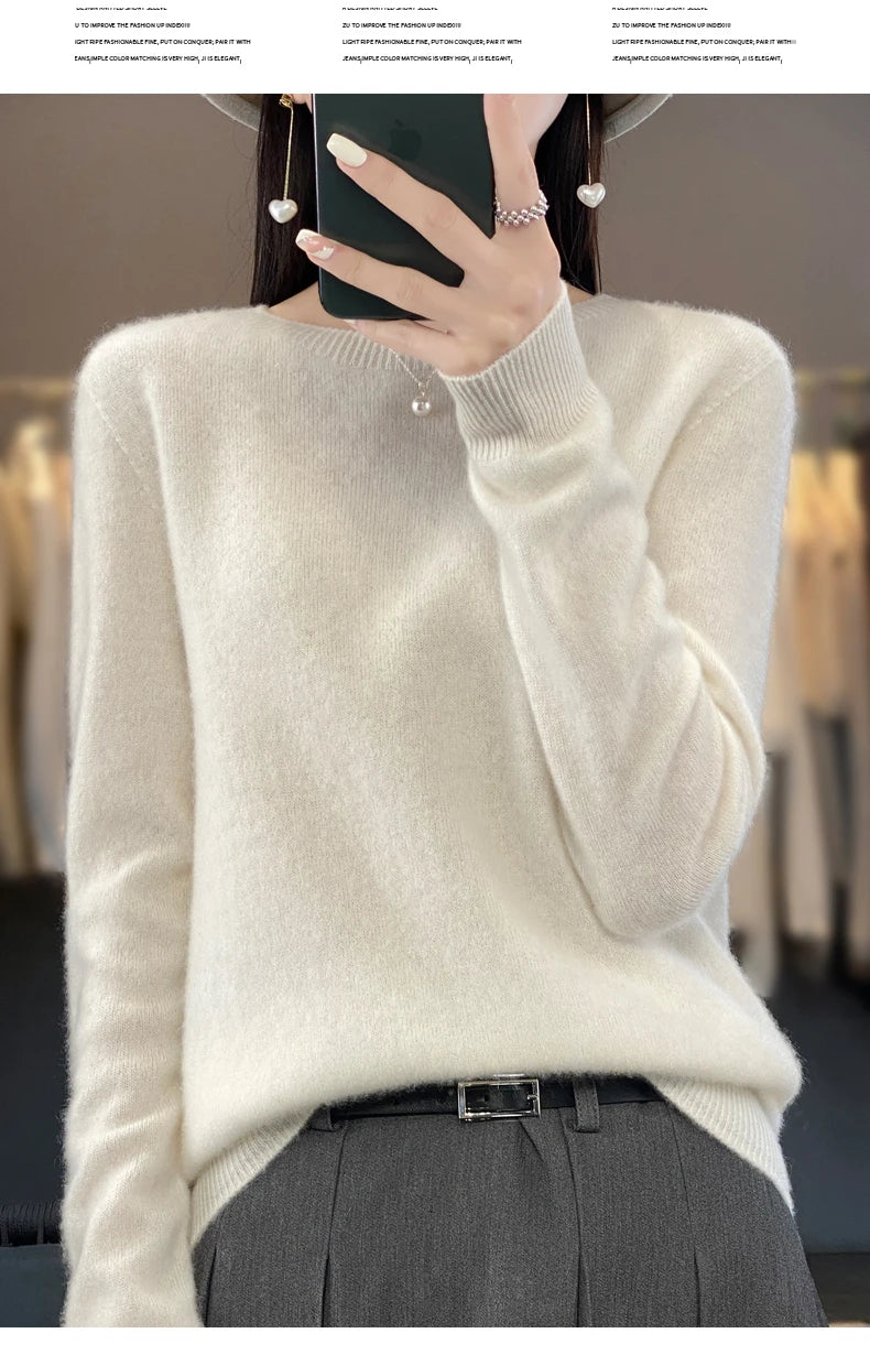 100% Merino Wool Women’s Sweater – Soft Cashmere-Feel O-Neck Pullover, Autumn/Winter Warm Knit Top (14 Colours)