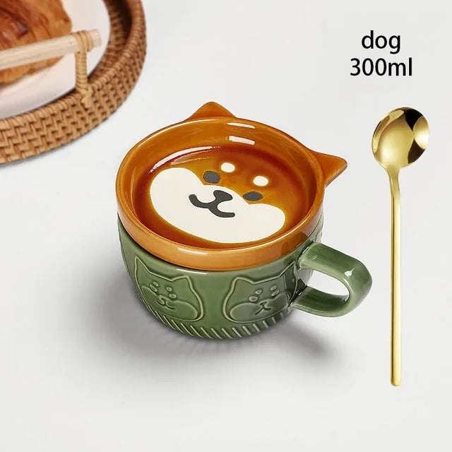 Dog-shaped mug with a spoon on a white background