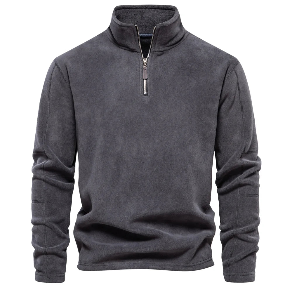 Gray pullover with a quarter zip on a white background