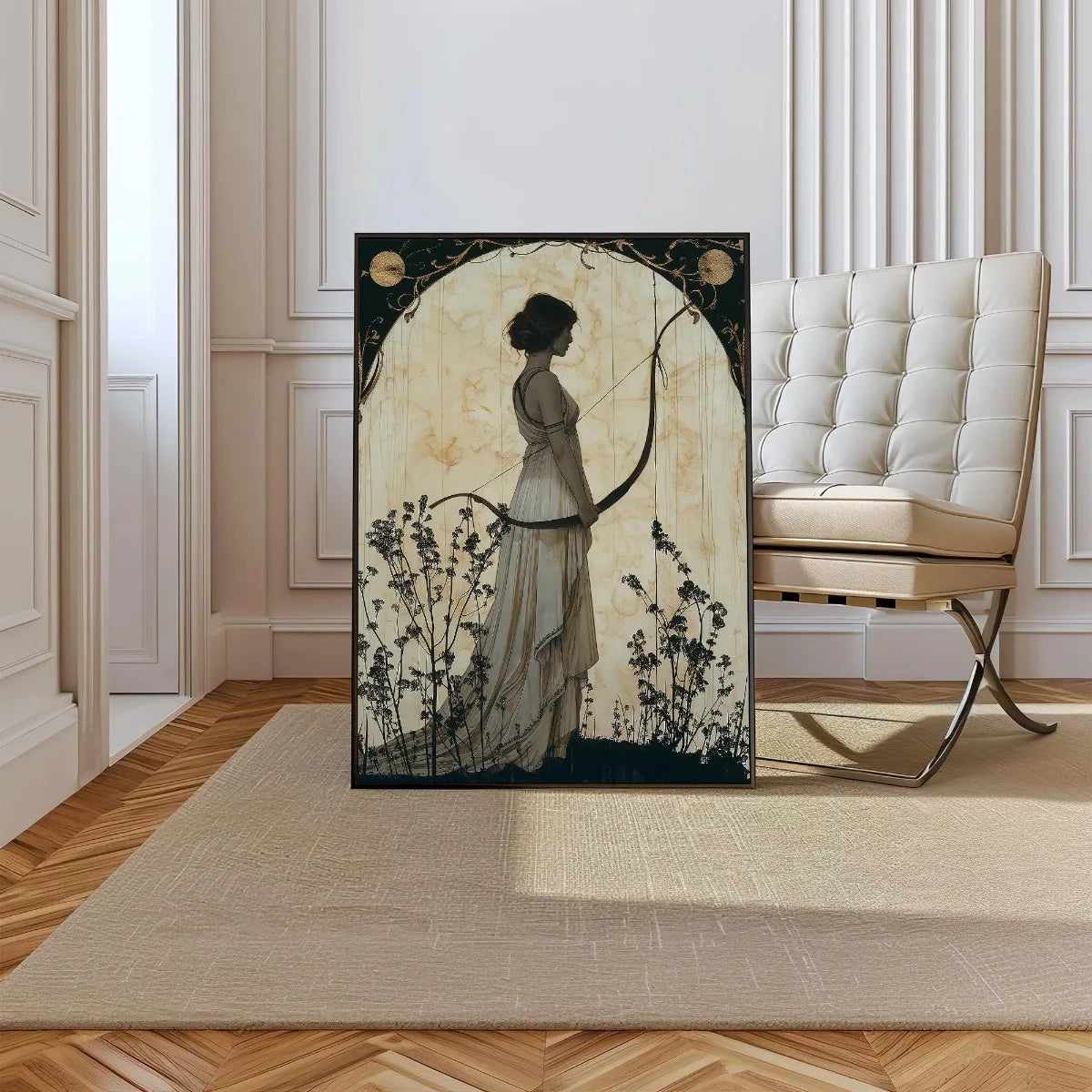 Decorative painting of a woman with a bow in a stylish room with a chair and rug.