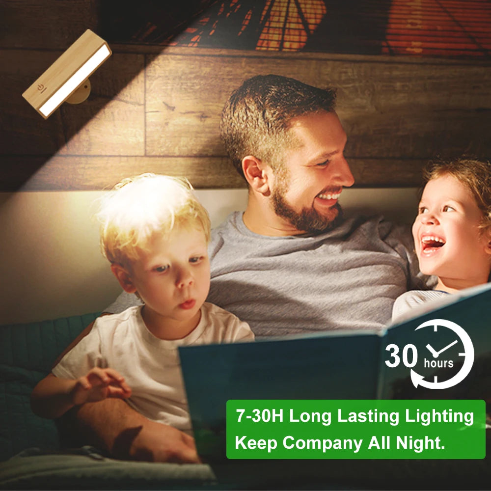 Man and two children sitting together with a light source above them, promoting 7-30 hour long-lasting lighting.