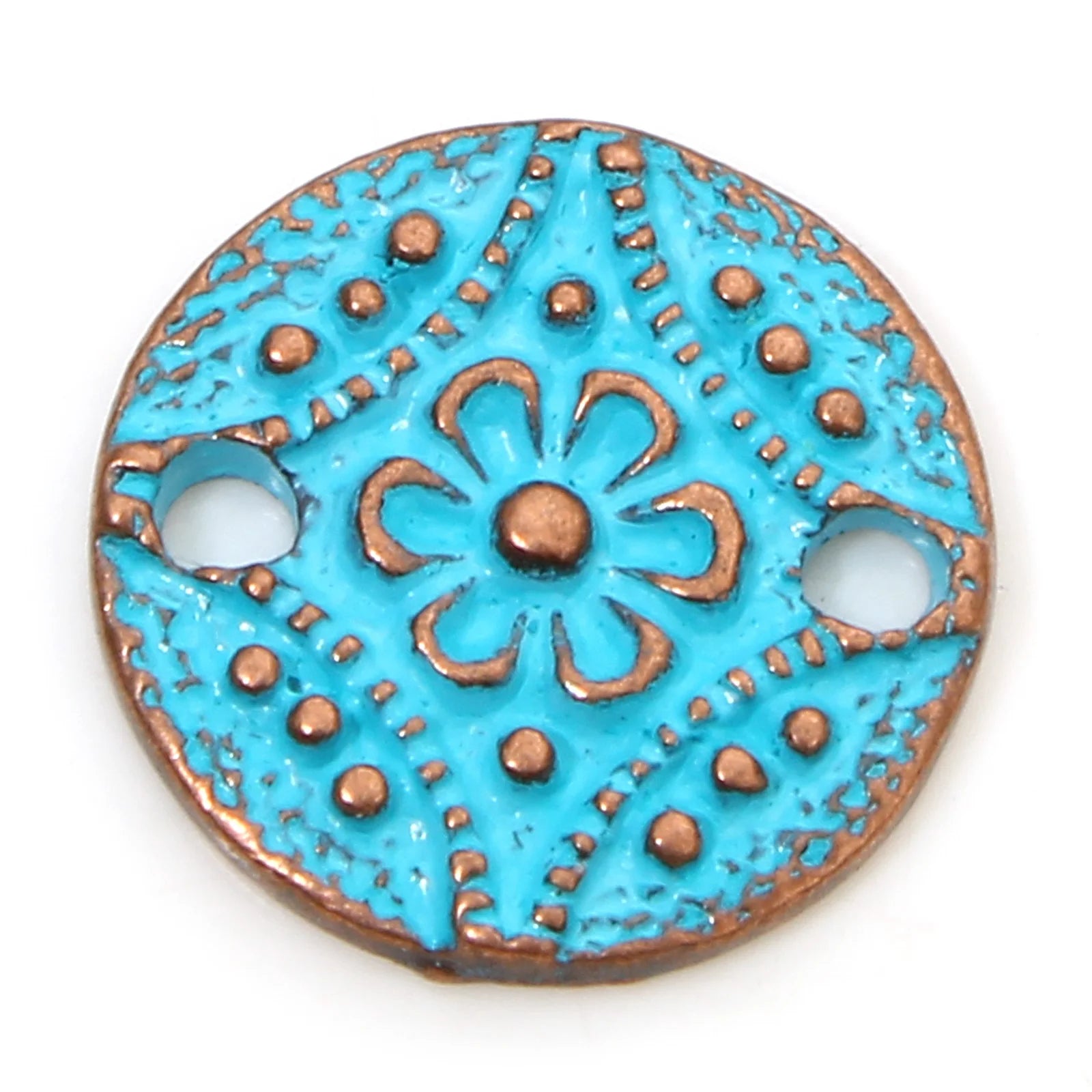 Decorative pendant with turquoise and copper design on a white background