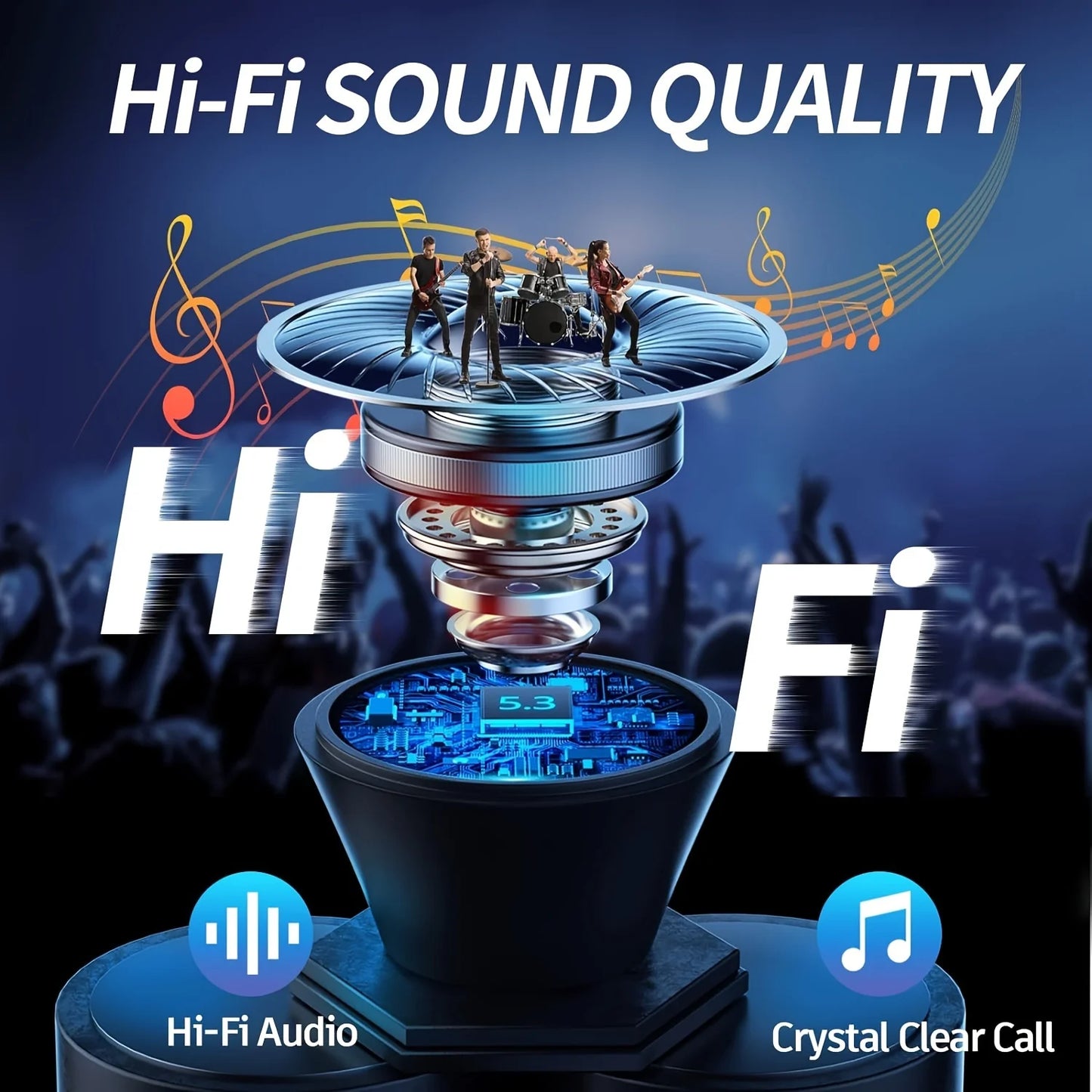 Hi-Fi sound quality advertisement with a music-themed design and 'Hi-Fi' text.