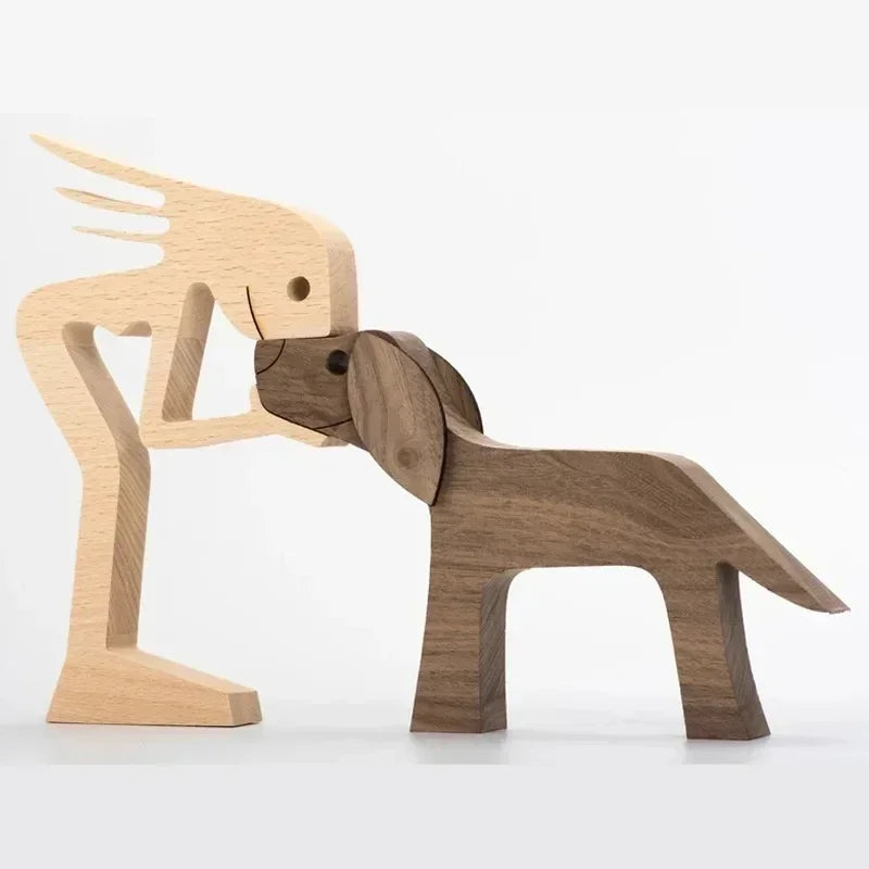 Wooden sculpture of a dog and a horse on a white background