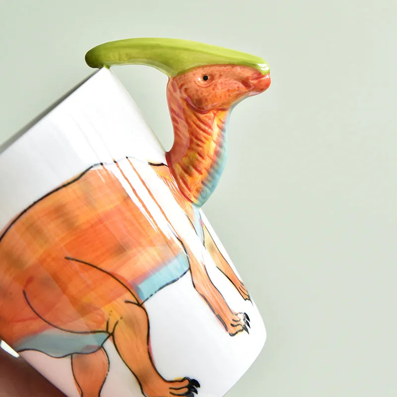 Mug with a colorful dinosaur design on a light gray background