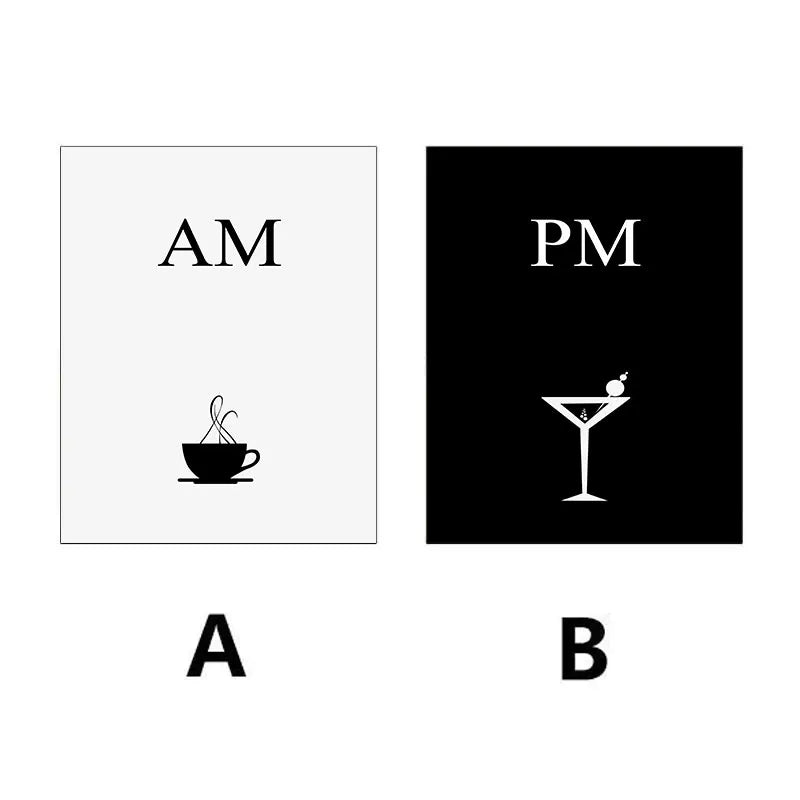Two icons labeled 'AM' with a coffee cup on a white background and 'PM' with a cocktail glass on a black background.