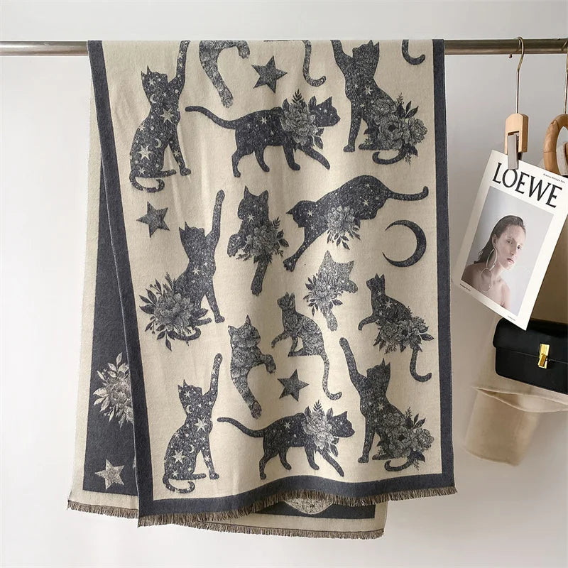 Women’s winter cat print pashmina-style scarf in soft polyester