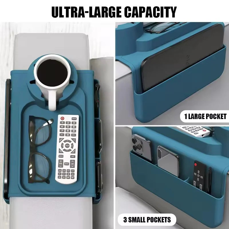 Multifunctional blue sofa  organizer with cup holder, remote control, glasses, and phone compartments.