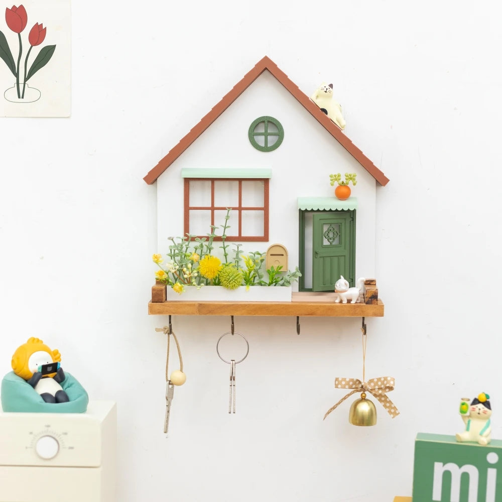 Cute Wooden House Key Hook Shelf – Decorative Wall Storage Style 6