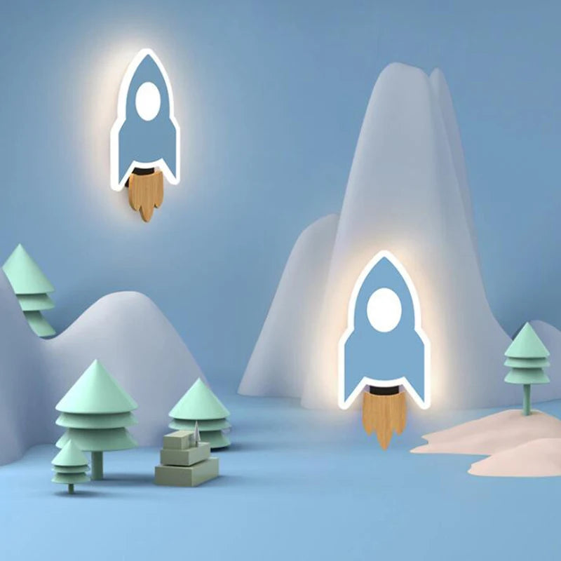 Neon rocket and mountain shapes on a blue background