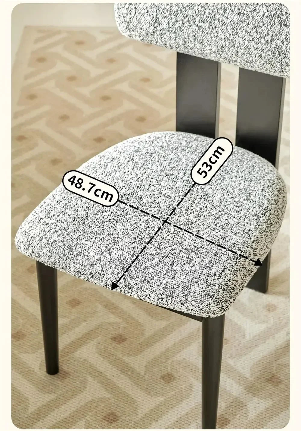 Chair with a textured cushion, showing dimensions on a wooden floor.