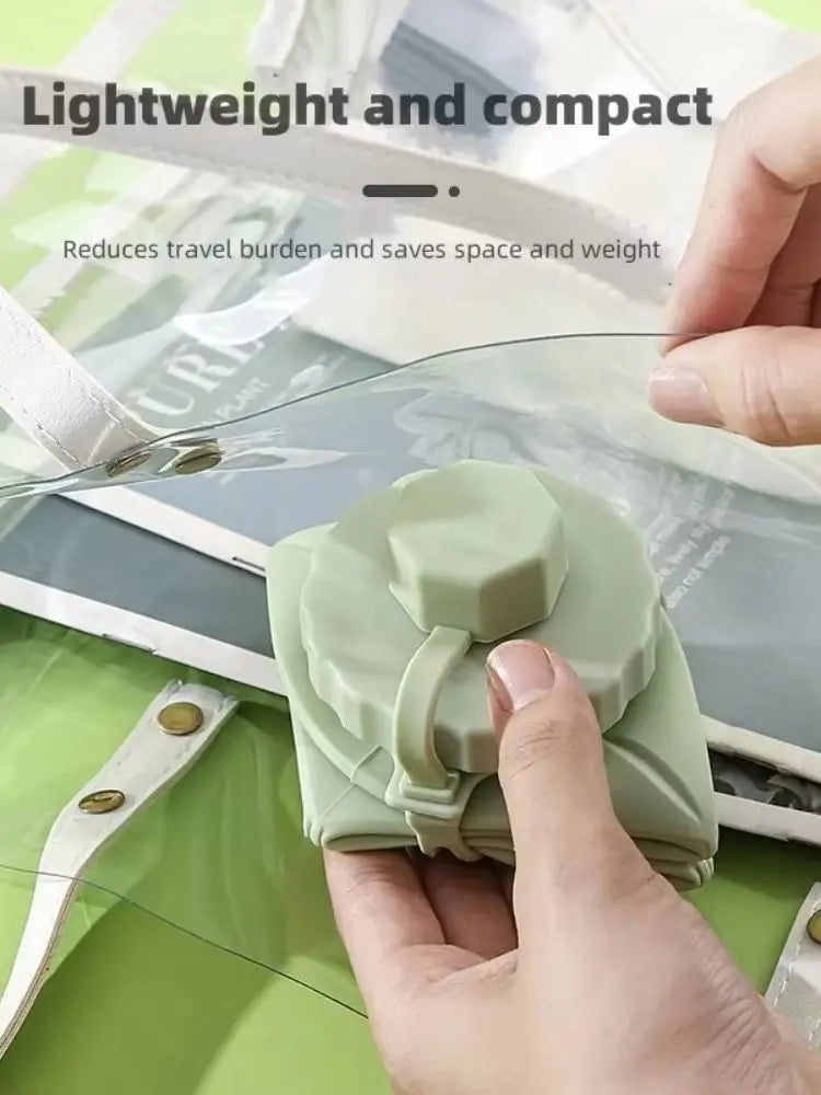 Green silicone water bottle held by a hand with text about its lightweight and compact nature.