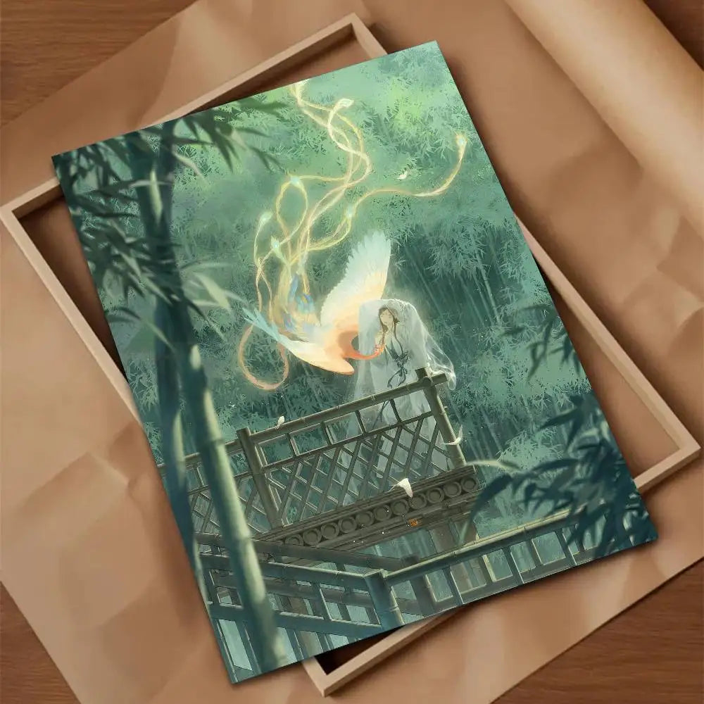 Green Jiangnan self-adhesive landscape art poster in modern Asian style for living room wall decor