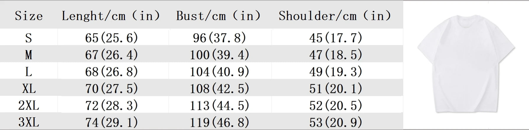 Size chart for clothing with measurements in centimeters and inches.