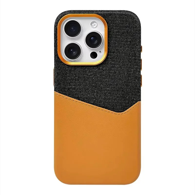 Phone case with black and orange design on a white background