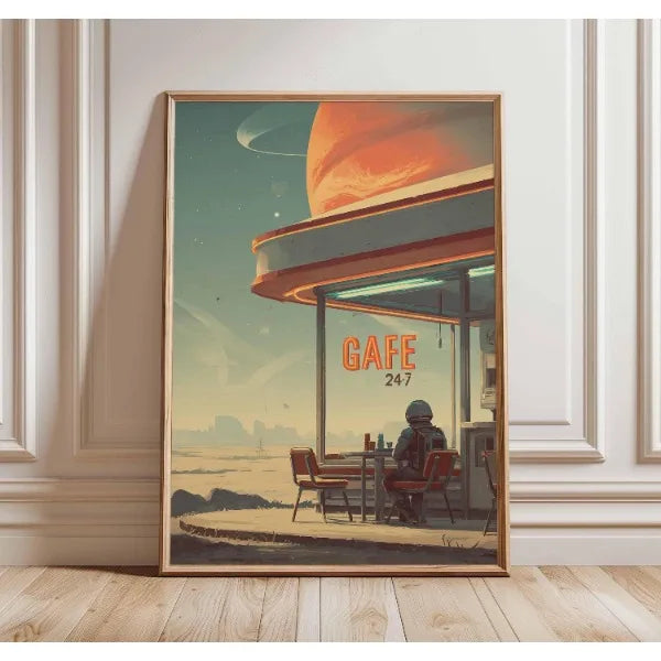 Framed artwork of a futuristic cafe scene with a person sitting inside.