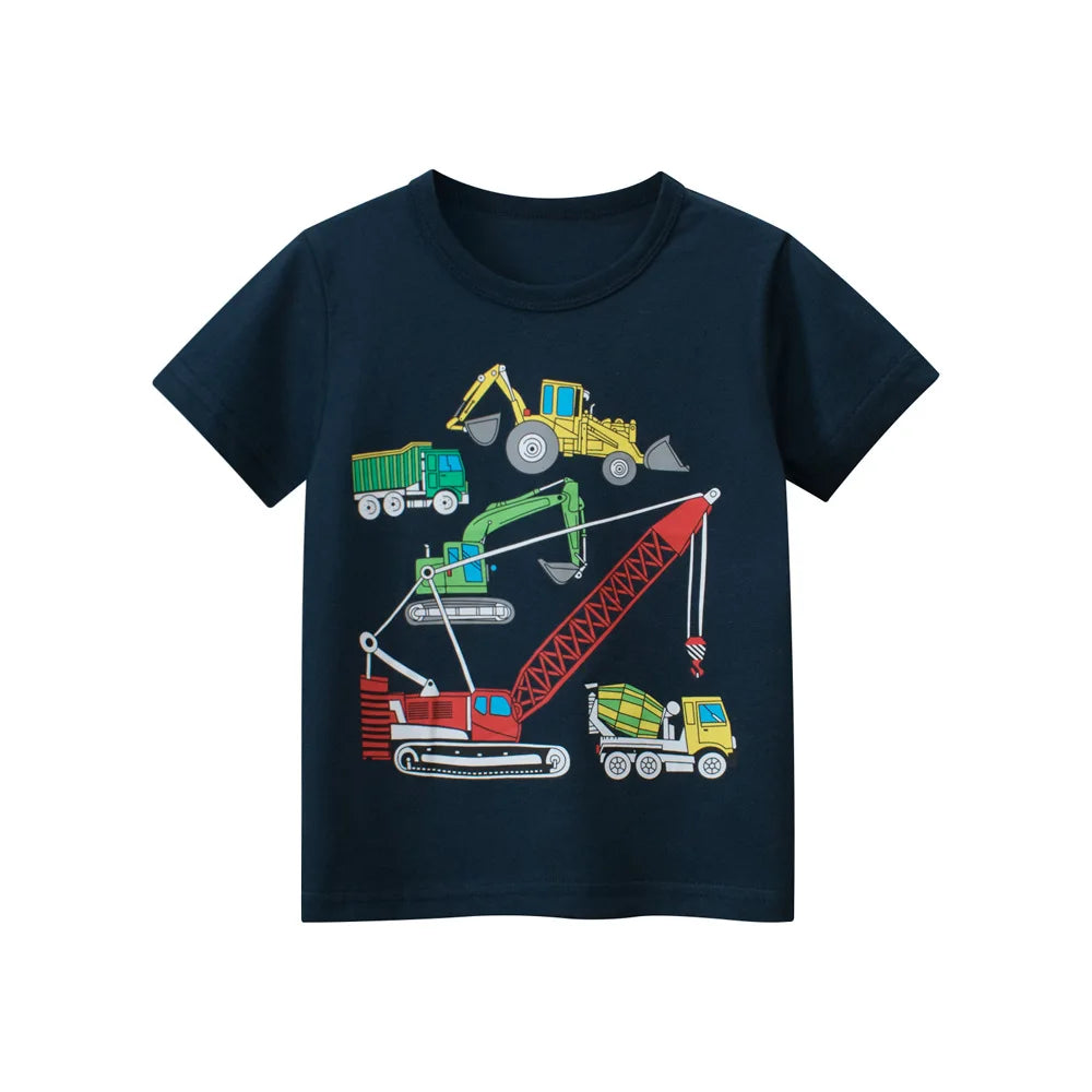 Navy blue t-shirt with colorful construction vehicle graphics on a white background