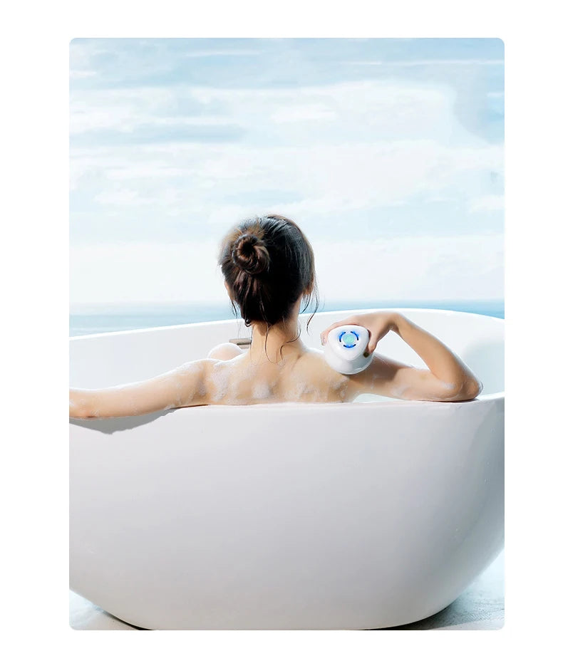 Person in a bathtub with a bottle of shampoo or conditioner, against a light blue watercolor background