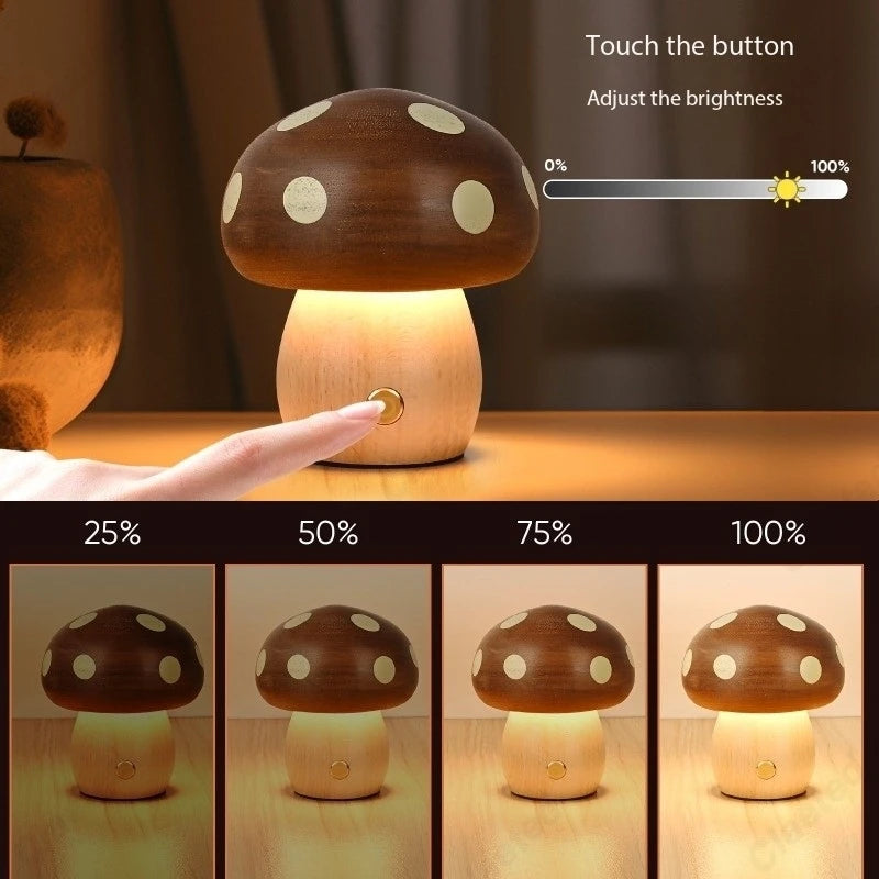 Mushroom-shaped night light with brightness control on a wooden surface