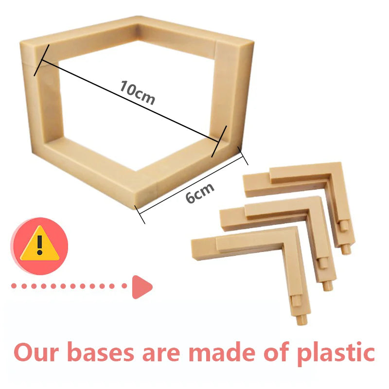 Beige plastic corner brackets with measurements and a warning label on a white background