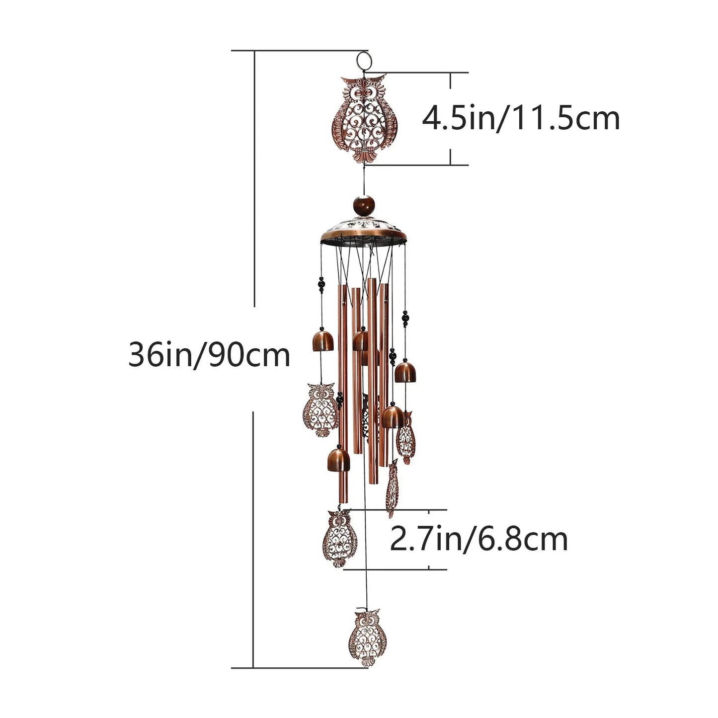 Owl-shaped wind chime with measurements on a white background