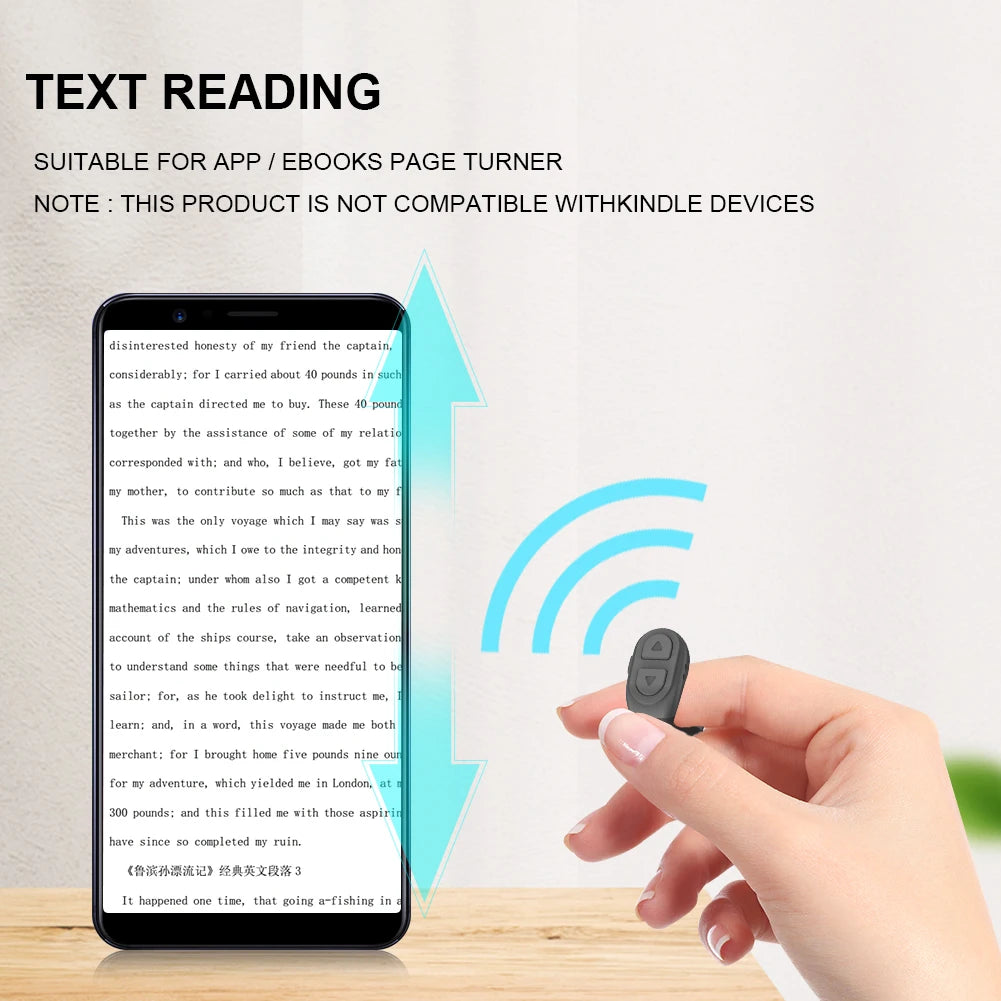 Hand holding a small device next to a smartphone displaying text, with text indicating compatibility for app/ebook page turner.