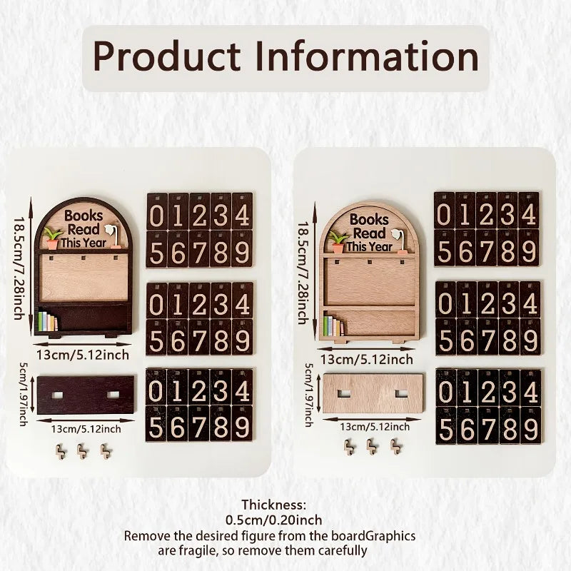 Wooden board with cut-out numbers and text for tracking books read, with measurements and product information displayed.