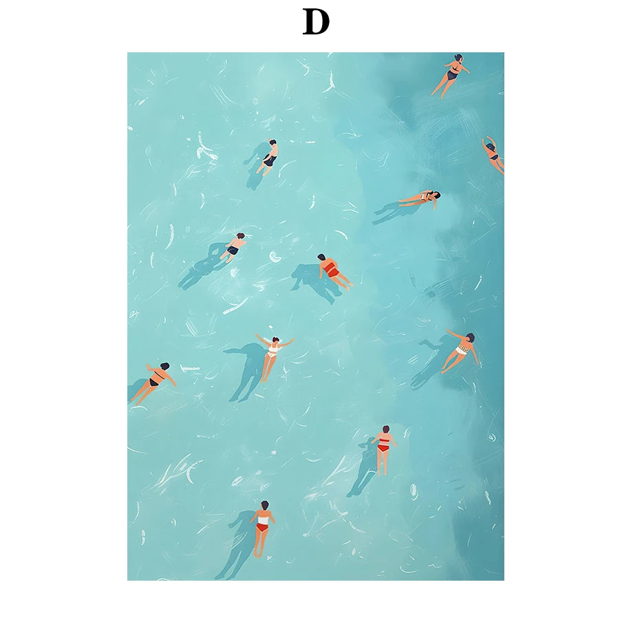 Illustration of people swimming in a pool with a blue water pattern.