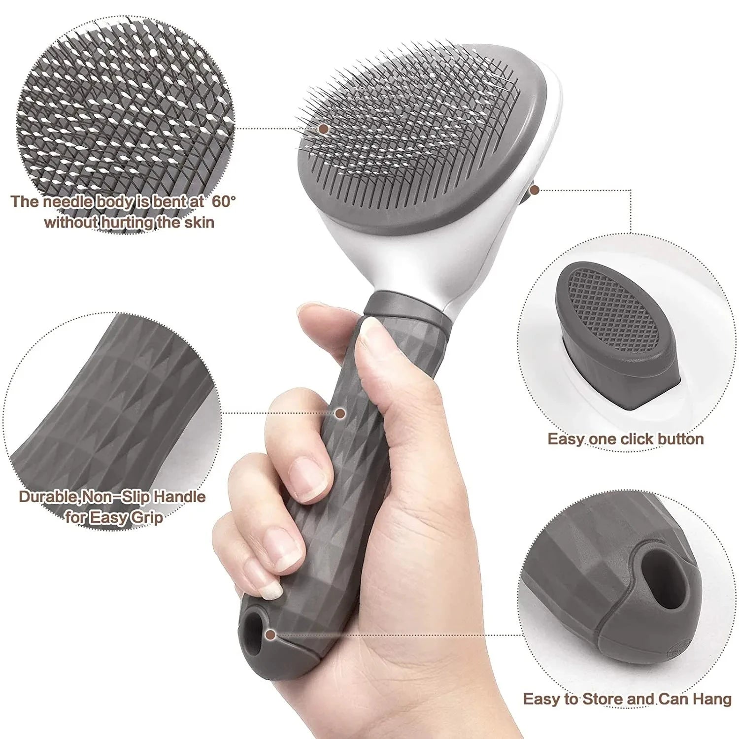 Pet grooming brush with features highlighted on a white background