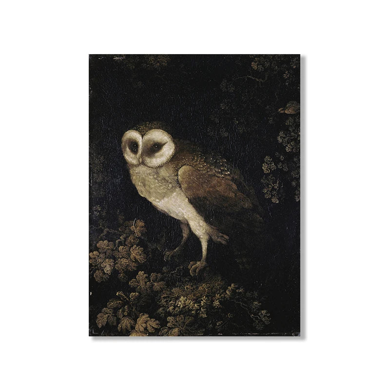 Painting of an owl perched on a branch with flowers against a dark background