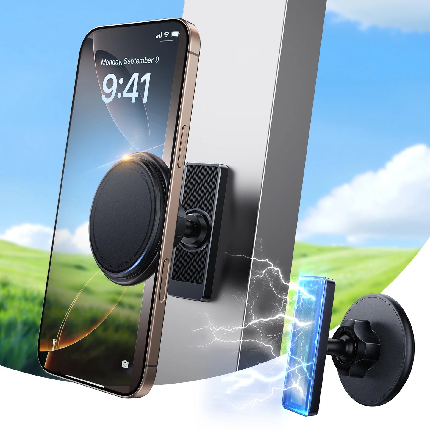 360° magnetic phone holder with metal base and adjustable ball head for universal use.