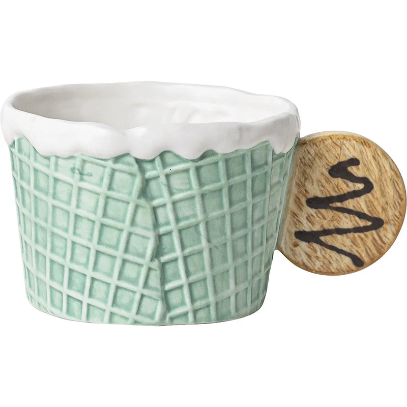 Green textured ceramic cup with a wooden tag on a white background