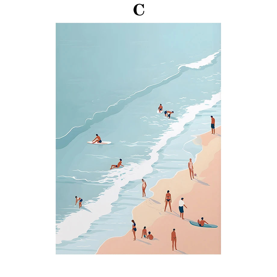 Illustration of people at a beach with blue water and sand.
