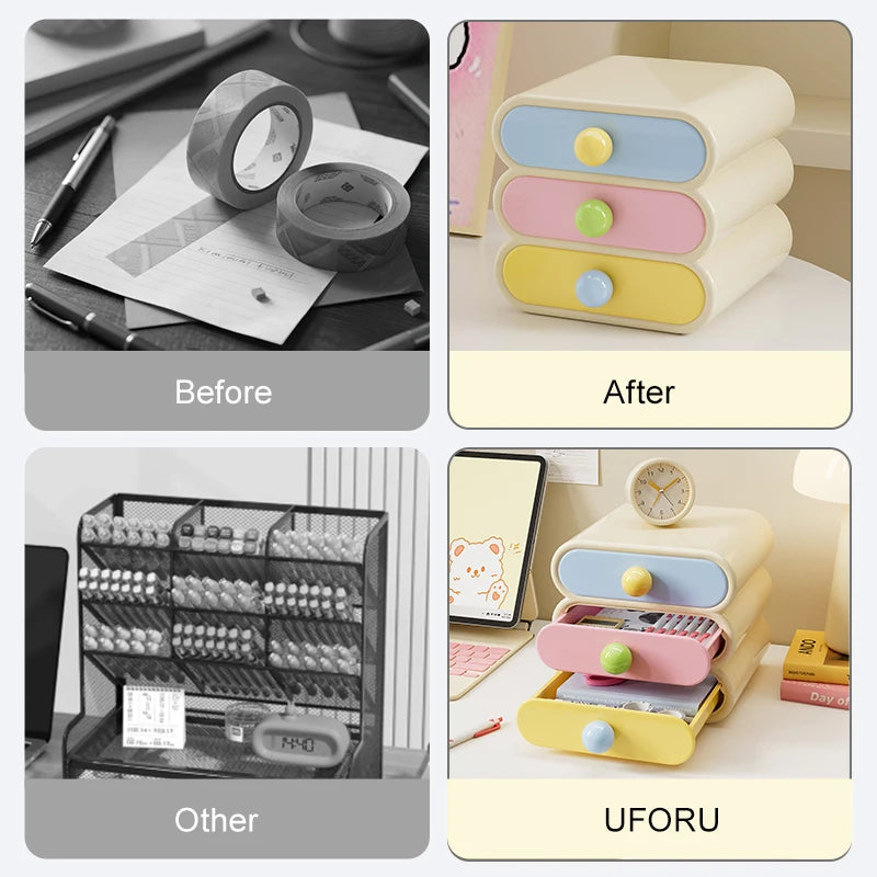 Before and after comparison of a desk organizer with UFORU branding.