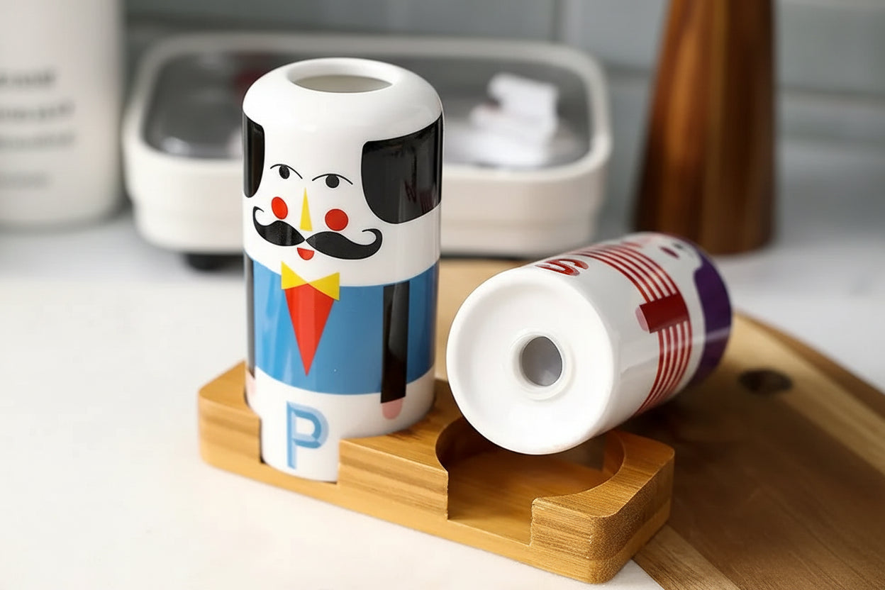 Creative ceramic salt and pepper shaker set with character faces displayed on a wooden holder for stylish kitchen and dining table decor.