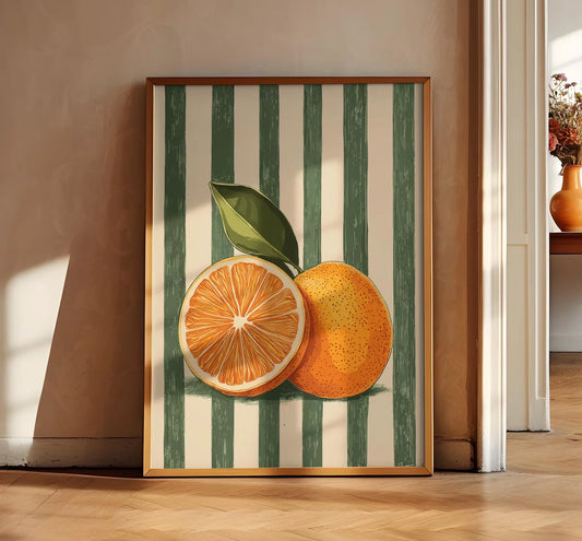 retro orange fruit poster kitchen wall art with striped background