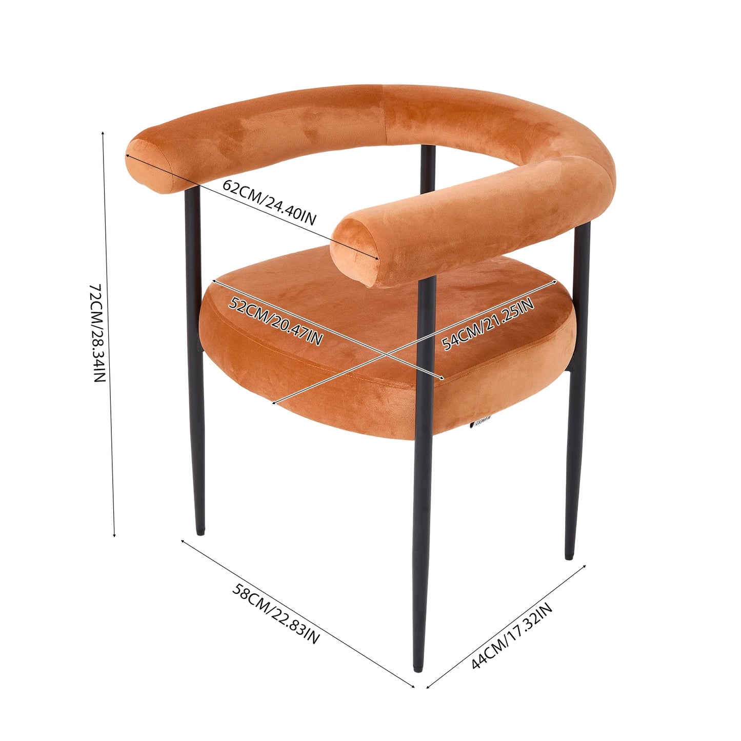 Modern Velvet Dining Chairs – Set of 2 Orange Upholstered Seats with Black Metal Legs, Contemporary Home & Dining Room Furniture